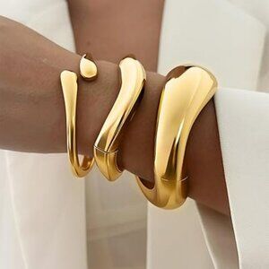 3 Chunky Gold Bangles Bracelets Big Stackable Bangle Cuban Statement 3 pc Set
